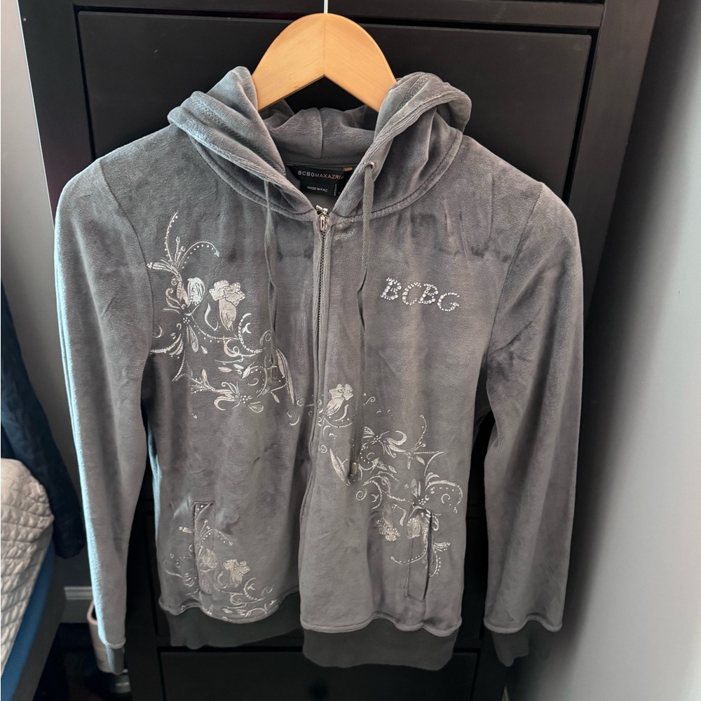 BCBG Maxazria Grey Velvet Rhinestone Full-Zip Track Suit